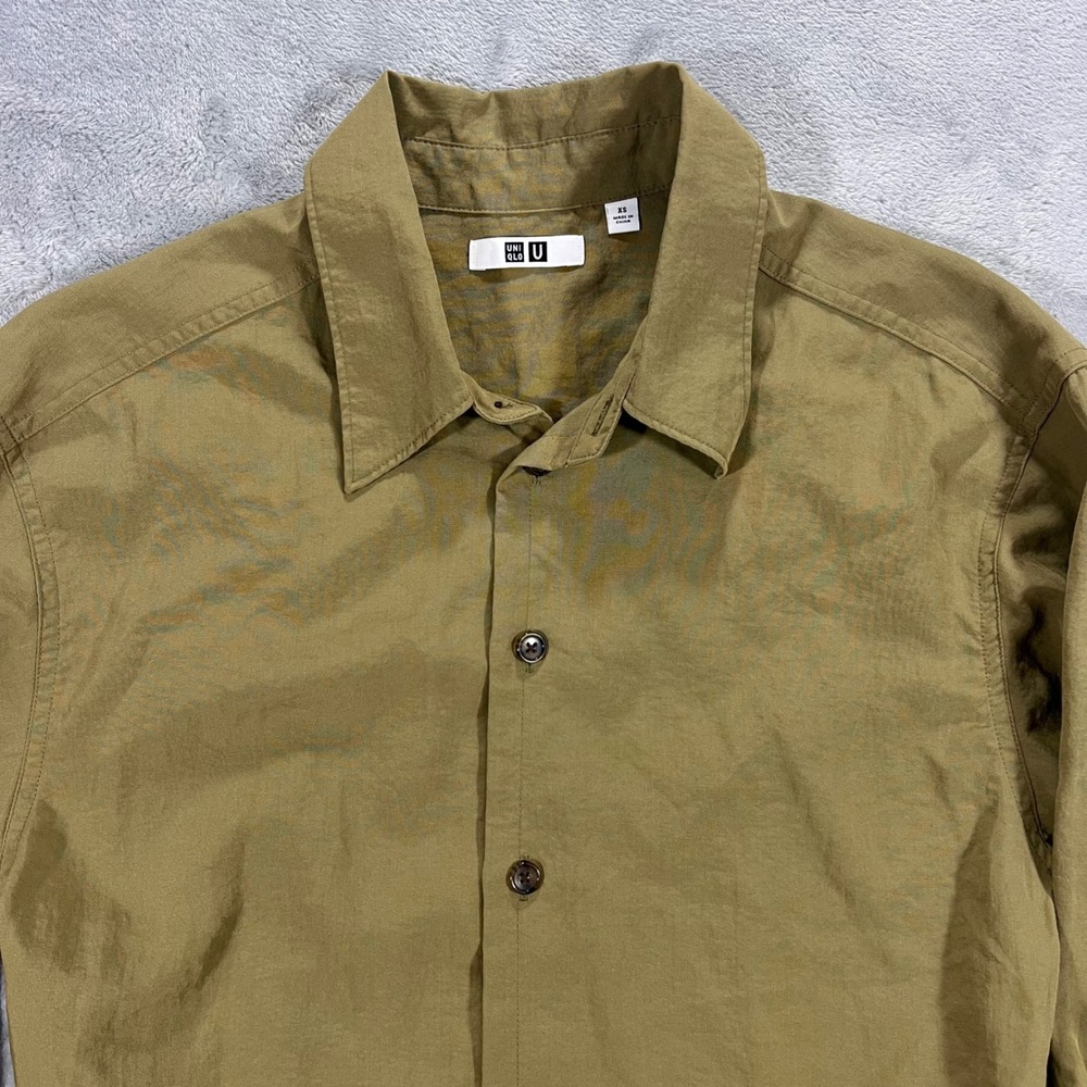 UNIQLO U Drape Shirt Womens XS Olive Green Excellent Relaxed LS Rayon Nylon